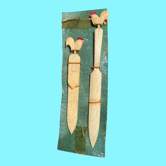 Vtg Carved Letter Opener Page Turner Bookmark Carved Roosters Bovine Bone Japan - Picture 4 of 11